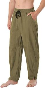 perdontoo Men's Linen Cotton Loose Fit Casual Lightweight Elastic Waist Summer Beach Pants, Olive, Medium