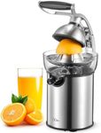 QCen Electric Citrus Juicer Squeezer, Electric Juicer for Orange, Lemon and Limes with Rubber Handle and Two Size Cones, Anti-Drip Spout, Easy to Clean and Use, BPA Free, Black/Stainless Steel