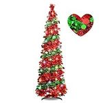 5FT Pop Up Christmas Tree with 90 Colorful LED Lights 8 Modes Tinsel Artificial Christmas Tree Collapsible Pencil Small Christmas Tree for Indoor Home Holiday Christmas Party Decorations(Red/Green)