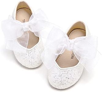 THEE BRON Toddler Dress Shoes Flower Girls Glitter Mary Jane Ballerina Flat Shoes(AG264 Toddler,White/10M)