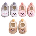 FedMois 3 Pairs Baby Boys Girls Non-Skid Indoor Fuzzy Slipper Shoes Socks Winter Warm, Pink, Grey and Beige, 12-18 Months