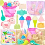 NINAOR Beach Toys for Kids Travel Essentials, Sand Toys with Mesh Beach Bag Collapsible Bucket Ice Cream Castle Molds Beach Shovel Watering Can for Girls Sandbox Backyard Games Toddler Outdoor Toys