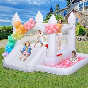 Toiyjofe White Bounce House, Inflatable Bouncer Castle with Slide, Air Blower, Ball Pit, Bouncy Castle for Indoor Outdoor Birthday Party Wedding Decor Backyard for Kids 3-10Y (10FT X 10FT X 7FT)