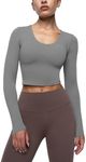 ENERBLOOM Womens Long Sleeve Shirts Workout Crop Tops Yoga Tee Built in Bra Mild Support Cream Feeling Athletic Top U-Neck Dark Gray Small