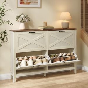 VASAGLE Farmhouse Shoe Cabinet, Narrow Storage Organizer, 4 Flip Drawers