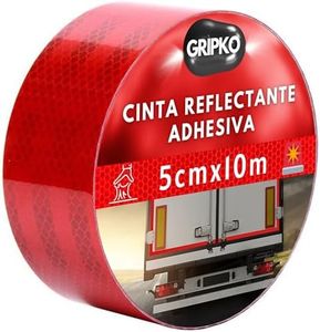 Gripko Cinta Reflectante Adhesiva Roja 10Mx5cm - Cinta de Seguridad para Alta Visibilidad Nocturna - Resistente a Condiciones Extremas - Ideal para Coches, Camiones, Motos, Remolques y Manualidades