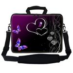 Meffort Inc 15 15.6 inch Neoprene Laptop Bag Sleeve with Extra Side Pocket, Soft Carrying Handle & Removable Shoulder Strap for 14" to 15.6" Size Notebook Computer - Purple Butterfly Heart