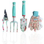 MQFORU Garden Tool Set with Floral Print, 4 Piece Gardeners Gifts for Women, Pruning Shear Gloves,Trowel, Cultivator Garden Tools for Gardening, Mother's day Birthday Gifts