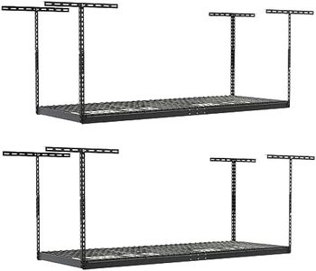 MonsterRax Overhead Garage Storage Racks 3x8’ (2-Pack) Ceiling Mounted Shelving, Adjustable Hanging Organizer, Heavy Duty Steel, Holds 500 Pounds, Color: Hammertone, Adjusts from 24"-45” Off Ceiling
