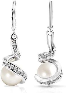Mimei Orecchini Pendenti Donna Placcati Oro Bianco 18kt con Perle, Orecchini Donna Argento Pendenti Regalo Mamma/Donna Natale Compleanno