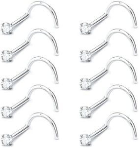 DGhera Nose Rings Studs: 10Pcs 20G 316L Surgical Steel Nose Studs Hypoallergenic Corkscrew Nose Piercing Stud Cubic Zirconia Jewelry for Women Men (Moonlight Silver)