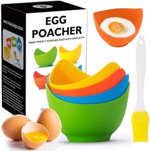 Egg Poacher - Poached Egg Cooker with Ring Standers, Food Grade Non Stick Silicone Egg Poaching Cup for Microwave or Stovetop Egg Poaching, with Extra Silicone Oil Brush, BPA Free, 4 Pack