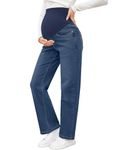 fitglam Women's Maternity Jeans Straight Leg Relaxed Fit Over Belly Pregnancy Denim Work Pants Maternity Clothes with Pockets, 01 Dark Blue, Small