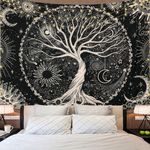 Dremisland Tree of Life Tapestry Trippy Mandala Wall Tapestry Sun and Moon Tapestries Black Galaxy Stars Tapestry Bohemian Aesthetic Wall Hanging Bedroom Home Decor (L/148X200cm(58"X79"), Black)