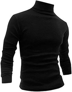 LONGBIDA Men Slim Fit Lightweight Long Sleeve Pullover Top Turtleneck T-Shirt, Black, Medium