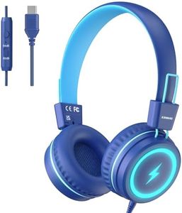 KONNAO Kid Headphones for School, USB Type C Kids Headphone with LED Lights, Wired Boys Girls Headphones with Safe Limiter 85dB/95dB, Foldable On Ear Headphones with Microphones for School/iPad