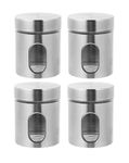 WRINGO Steel Cover Window Clear Glass Jars for Kitchen Storage Food Spices Canister with Airtight Lid Container Organizer, Tea Coffee & Sugar (Silver - 600ML, Set of 4)