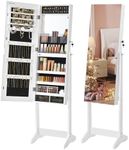 SONGMICS Mirror Jewelry Cabinet Standing Armoire Organizer, Jewelry Storage with Full-Length Frameless LED Lights, Built-in Makeup Mirror, 2 Drawers, Christmas Gifts, White UJJC023W01