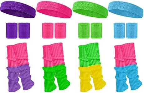 Women 80s Leg Warmers Set Ribbed Leg Warmer for Neon Party with 4 Sets Fitness Headband Wristbands for Yoga Sport, Bright Color, One Size