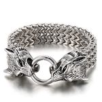 Beydodo Heavy Bracelet for Men, Mens Bracelet Stainless Steel 8.5 inch Silver Wheat Chain Bracelet with Wolf Head 18mm Width