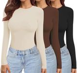 Ekouaer Womens 3 Pack Long Sleeve Shirts Crew Neck Stretch Fitted Basic Tops Underscrubs Layer Tee Black/Coffee/Beige S