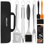 grilljoy 6PCS Heavy Duty BBQ Grill Tools Set - Extra Thick Stainless Steel Spatula, Fork, Tongs & Cleaning Brush - Complete Barbecue Accessories Kit with Portable Bag - Perfect Grilling Tool Set Gift