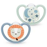 NUK Space Night Baby Dummy | 0-6 Months | Glow-in-The-Dark Soothers with Extra Ventilation for Sensitive Skin | BPA-Free Silicone | Lion & Moon | 2 Count