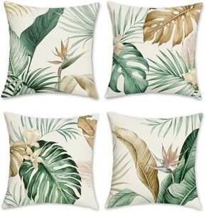 Bonhause Tropical Leaves Cushion Covers 45 x 45 cm Green Brown Leaf Decorative Throw Pillow Covers Polyester Linen Pillowcases for Sofa Home Garden Outdoor Summer Decor Set of 4