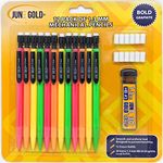 June Gold 12 Mechanical Pencils, 1.3 mm HB #2 Graphite Lead, 1 Lead Dispenser/w 30 Refills & 12 Refill Erasers, Break Resistant Lead, Hexagon Barrel