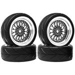 KINGCOO RC Car Tyres and Wheels Set, 4PCS 64mm Rubber Tires and Plastic Plating Wheel Rims Set 12mm Hex for 1/10 RC On Road Run-flating Touring Racing Drift Car Tyre (Black/Silver)