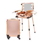 Aluminum Trolley Makeup Train Case with LED Lights Professional Cosmetic Organizer Studio with Speaker, Wheels and Stands Rolling Lighted Makeup Vanity Station for Travel (Rose Gold)