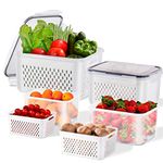 YUNLINLI 4 Pack Fresh Food Storage Containers, Large Capacity Produce Saver Box with Drain Baskets & Lid, Fridge Organizer, Airtight Fruit Organizer for Refrigerator, Stackable Plastic Veggie Saver