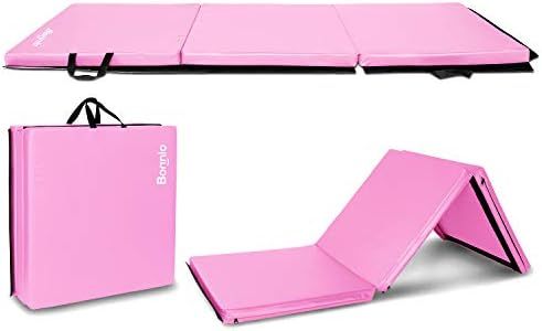 Bonnlo 6' Folding Tri-fold Gymnastics Gym Exercise Aerobics Mat, 6’x 2’x 2” PU Leather Tumbling Mats for Stretching Yoga Cheerleading Martial Arts (Pink)