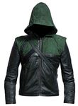 Stephen Amell Green Arrow Hooded Leather Jacket (Medium, Faux Leather)