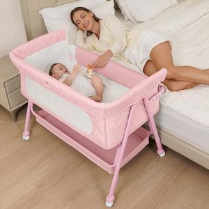 Kiniew Bedside Bassinet for Baby, Easy to Assemble Portable Bassinet for Newborn with Storage Basket, Lockable Wheels & Soft Mattress, Adjustable Height Baby Bassinets Bedside Sleeper(Pink)