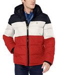 Tommy Hilfiger Men's Classic Hooded Puffer Jacket, Midnight/ice/Orange Color Block, XX-Large