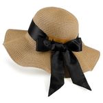 GNEGNI LIFE Sun Hats Women, Wide Brim Hat Straw Beach Hats Sun Protection Summer Hat Foldable Floppy for Women Travel Holiday (Khaki & Black Ribbon)