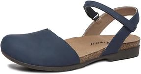 Athlefit Closed Toe Sandals for Women Comfort Cork Footbed Arch Support Flat Sandals Navy Size 5.5