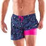 Third Wave Swim Trunks with Compression Liner - Men's Premium 5 Inch Inseam Quick Dry Swim Shorts for Beach and Swimming, Concrete Jungle, L