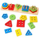 Coogam Wooden Sorting Stacking Toys, Shape Color Recognition Blocks Matching Puzzle Stacker Montessori Geometric Board Early Educational Puzzles for Years Old Boys and Girls