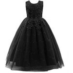 Weileenice Lace Flower Big Girl Maxi Dress Black Ceremony Holiday Junior Bridesmaid Wedding Princess Vintage Funeral Ball Gown 9-10 Teens Formal Sequin Tulle Dresses Halloween Evening Photo Shoot Gala