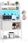 DWVO Bakers Rack with Power Outlet and LED Light, Microwave Stand Cabinet with Sliding Storage Drawer Barn Door, Farmhouse Kitchen Tall Coffee Bar Table with 4-Tiers Shelf and 8 Hooks (White)