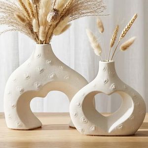 Ceramic Heart Flower Vase Home Decor Set of 2, Farmhouse Table Vases Rustic Vintage Living Room Kitchen Bedroom Decorations for House Book Shelf Office Coffee Desk Dining Fireplace (Milky White)