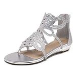 DREAM PAIRS Women's Jewel_02 Silver Rhinestones Design Ankle High Flat Sandals Size 8 M US