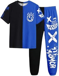 WDIRARA Boy's Two Piece Graphic Print Short Sleeve T Shirts and Elastic Waist Pants Clothing Set Royal Blue 14Y