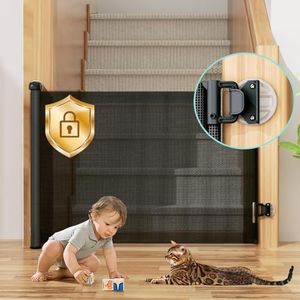 No Drilling Retractable Baby Gates for Stairs with Auto-Lock, 33" x 55" Mesh Baby Dog Pet Cat Gate with Double Locking for Doorways, Durable Child Safety Gate for Hallways Kitchen Indoor Outdoor Black