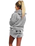 Poplover Womens Cute Fleece Pajamas Suit Hooded Sleepwear Meow Shorts Set Grey Medium