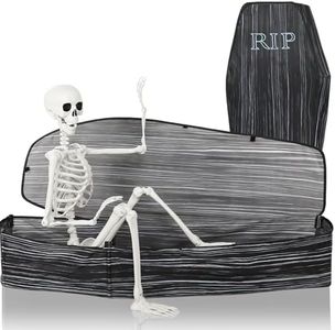 Halloween Coffin with Skeleton Set Pop up Coffin Life Size Collapsible Scary Fake Coffin Prop Really Size Human Bones 36" Skeleton for Graveyard Halloween Cemetery Outdoor Decorations(Wood Grain)