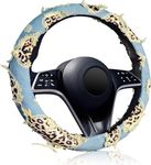 KAFEEK Denim Leopard Steering Wheel Cover, Universal 15 inch,Tattered Denim Leopard Print