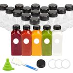 HEHALI 20Pack 12Oz Plastic Juice Bottles with Black Screw Caps for Milk, Juice,Smoothie and Other Beverages, Clear Empty Containers with Funnel, Brush, Categorical Stickers
